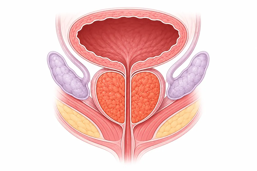 Cross-sectional diagram of the prostate gland beneath the bladder, showing male urinary anatomy and surrounding structures.
