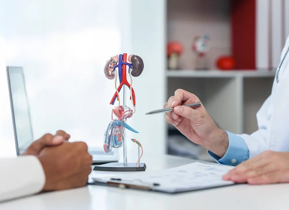 Urologist explaining the urinary system and prostate anatomy to a patient during a consultation.