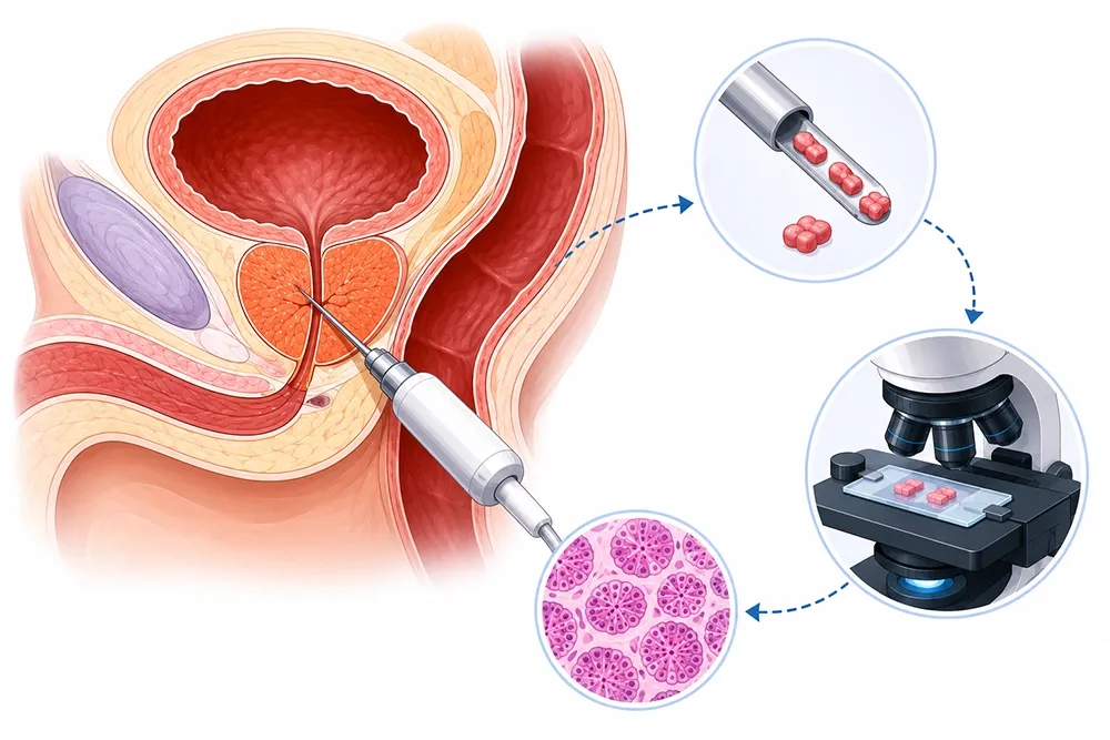 Prostate biopsy procedure illustration showing tissue sampling and microscope analysis.