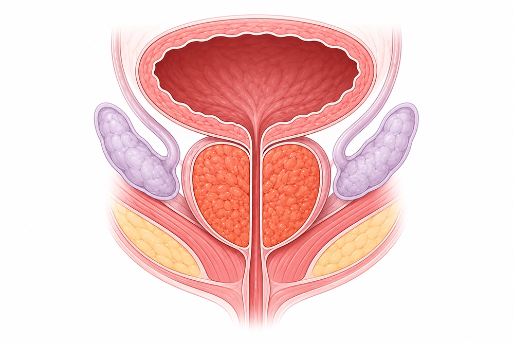 Cross-sectional diagram of the prostate gland beneath the bladder, showing male urinary anatomy and surrounding structures.